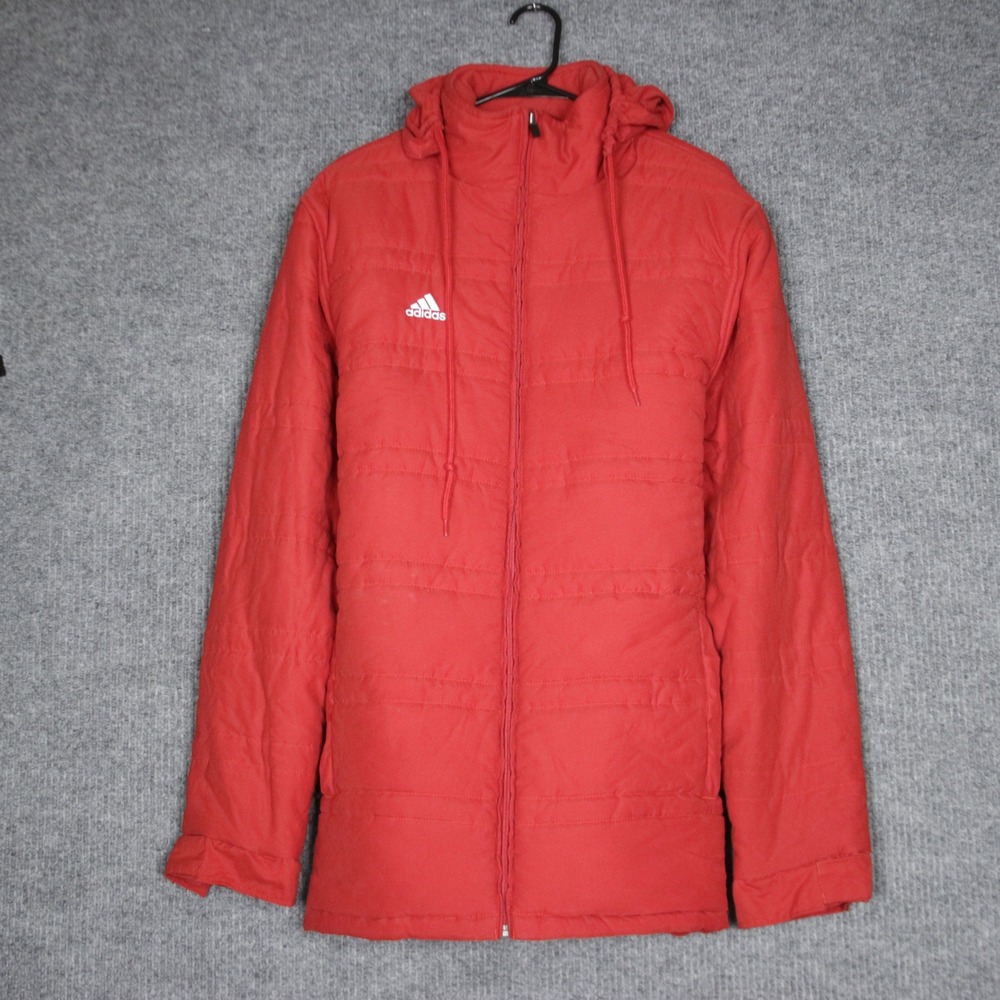 Adidas Red Puffer Hooded Jacket Coat Men's Size Large LW Logo‎ Athletic Winter